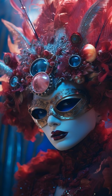 Une femme portant un masque de carnaval rouge avec une grosse pierre sur le visage et un fond bleu.
