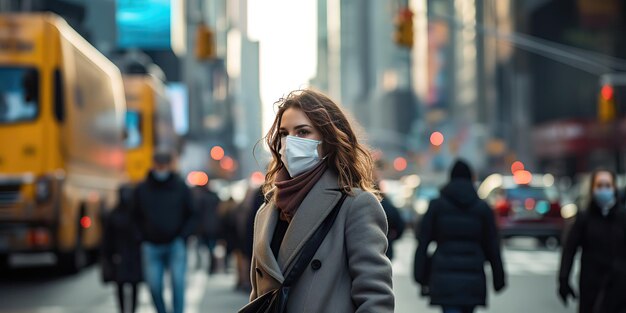 Une femme portant un masque chirurgical en centre-ville