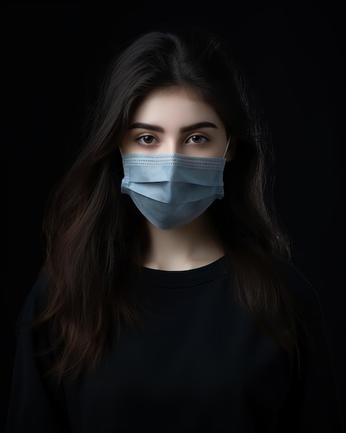 une femme portant un masque chirurgical sur fond noir