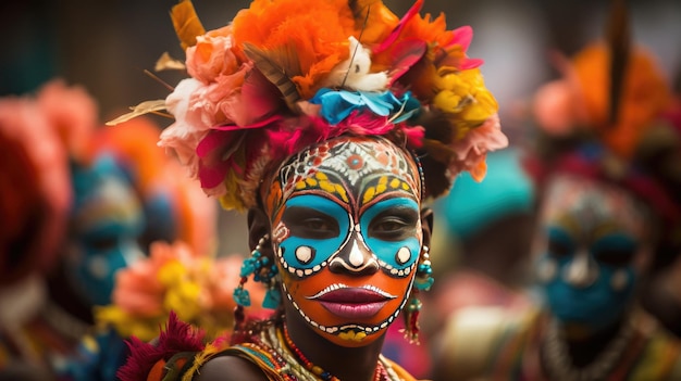 une femme portant un masque coloré avec des plumes et des plumes sur la tête porte un masque coloré.