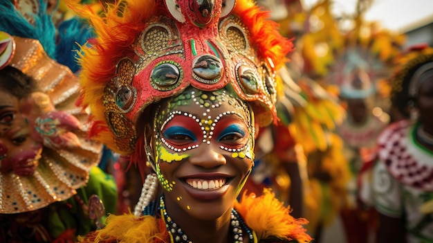 une femme portant un masque coloré se tient devant une foule de personnes portant des costumes colorés.