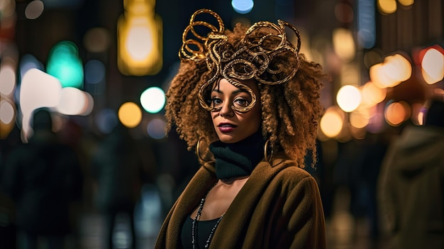 Une femme portant un masque dans la ville la nuit