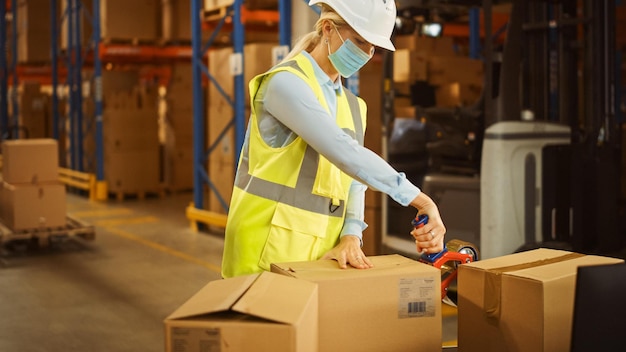 Une femme portant un masque facial et un gilet de sécurité jaune travaille dans un entrepôt.