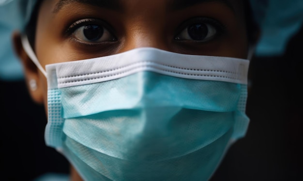 Une femme portant un masque facial et un masque facial bleu.