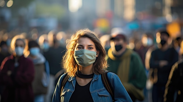 une femme portant un masque facial participe à un événement extérieur socialement éloigné avec une grande foule