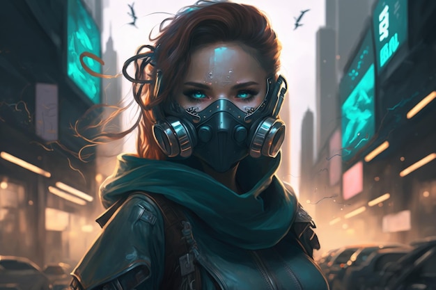 Une femme portant un masque futuriste est vue dans une métropole cyberpunk dans une illustration