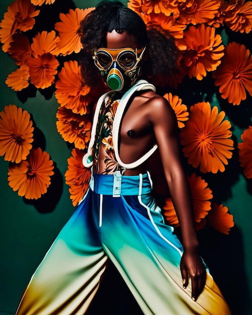 Une femme portant un masque à gaz et une paire de lunettes de soleil se tient devant des fleurs oranges