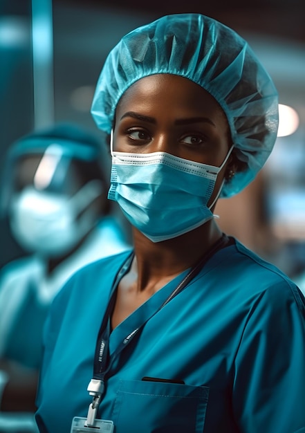 Une femme portant un masque et un gommage bleu se tient dans une chambre d'hôpital.