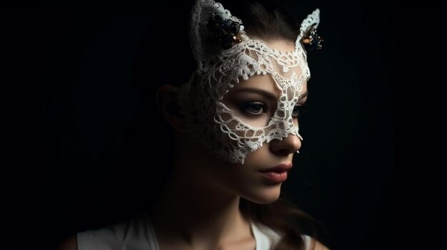 Une femme portant un masque avec le mot chat sur itgenerative ai