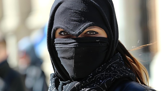 Une femme portant un masque noir et un foulard