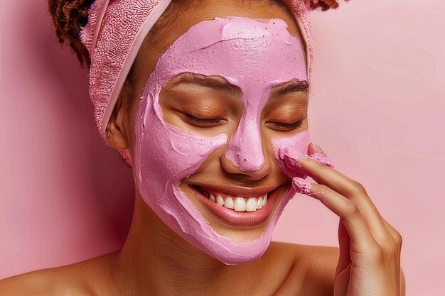 Une femme portant un masque rose