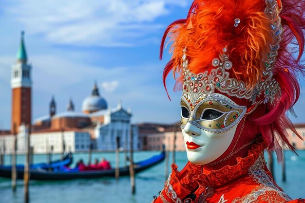 une femme portant un masque rouge et argenté devant un canal