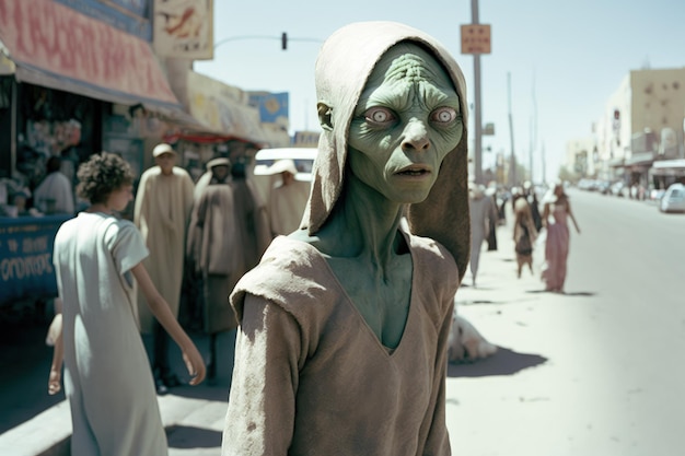 Une femme portant un masque vert se tient devant une vitrine.