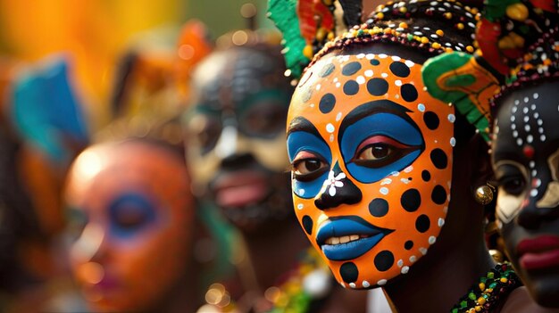 une femme portant un masque avec le visage peint en différentes couleurs.