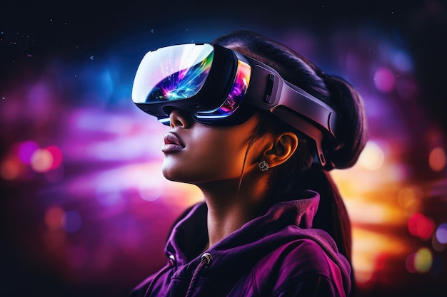 Une femme portant une paire de lunettes virtuelles pour une expérience numérique immersive Une jeune femme portant des lunettes de réalité virtuelle Concept de technologie et de divertissement futur AI généré