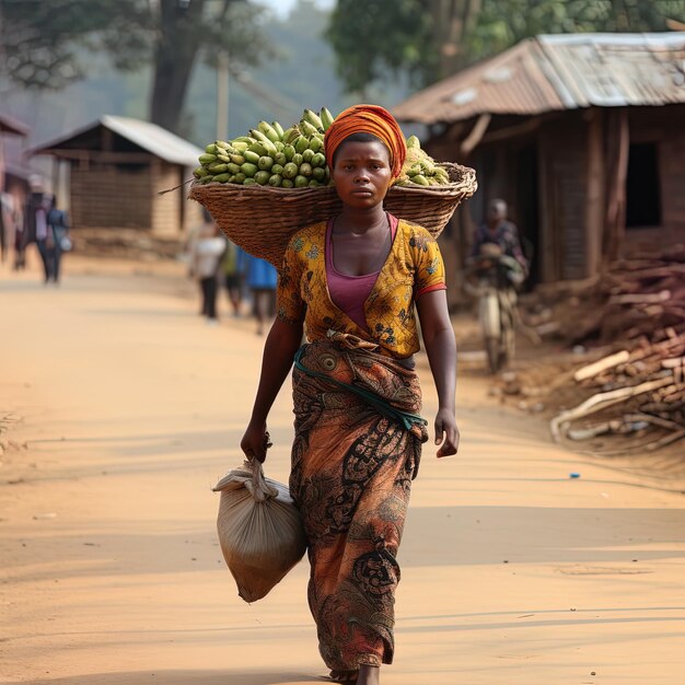 Photo une femme portant un panier de bananes sur sa tête