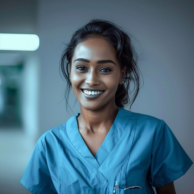 une femme portant un peignoir bleu avec un sourire sur son visage