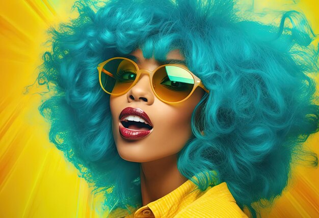 femme portant une perruque et des lunettes dans le style turquoise et jaune