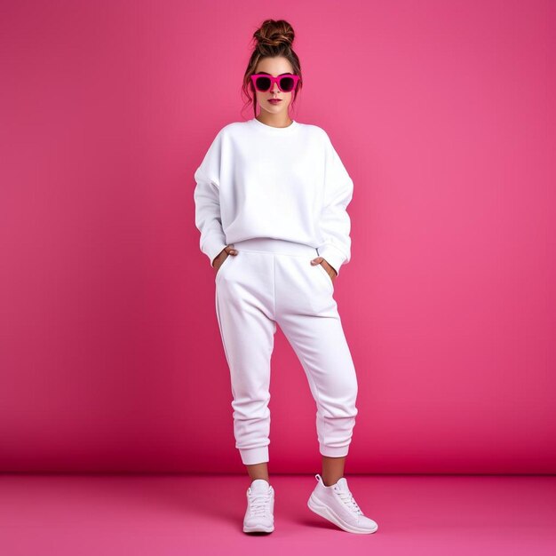 une femme portant un pull blanc et des lunettes de soleil se tient devant un fond rose