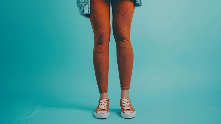 Photo une femme portant un pull bleu et une paire de chaussures avec un haut bleu
