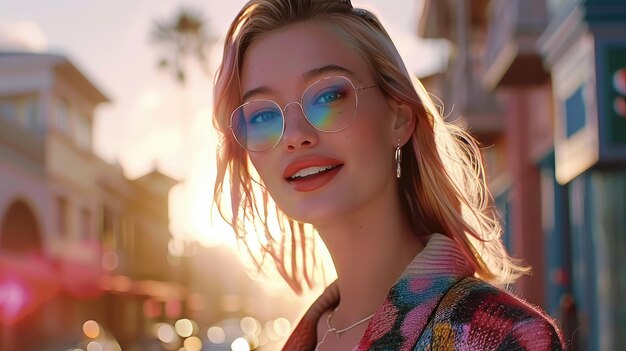 une femme portant un pull coloré et des lunettes de soleil pose pour une photo