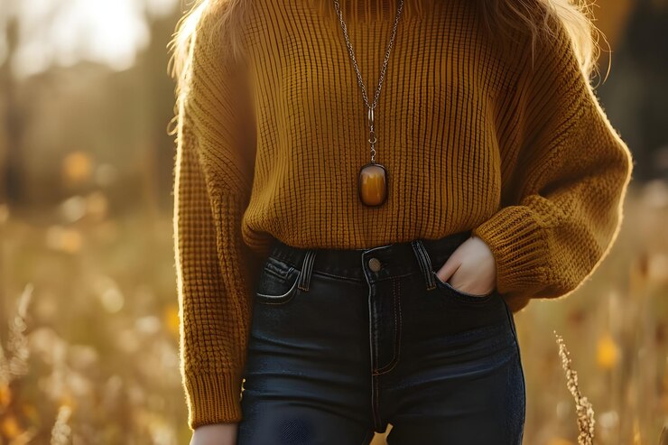 une femme portant un pull jaune avec un pendentif en pierre sur le devant