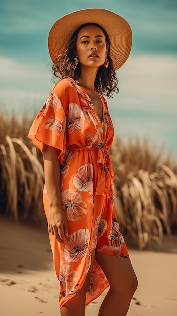 Photo femme portant une robe à fleurs rouge debout sur une plage