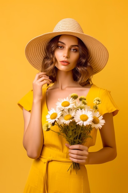 Femme portant une robe jaune et un chapeau tenant un bouquet de marguerites Generative AI