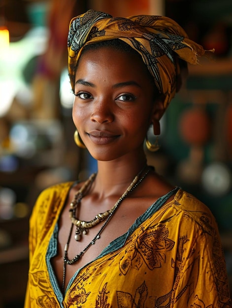 une femme portant une robe jaune et un foulard