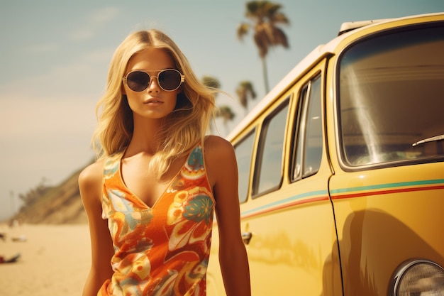 Une femme portant une robe et des lunettes de soleil se tient à côté d'une camionnette garée en arrière-plan. Mode de surf rétro sur une plage de Cali. AI générée