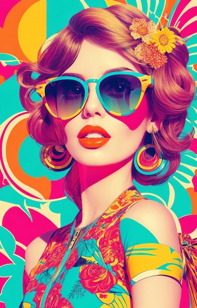 Femme portant une robe à la mode et des lunettes de soleil Vibes d'été de style Pop art