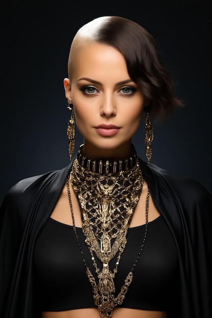Femme portant une robe noire et un collier en or AI générative