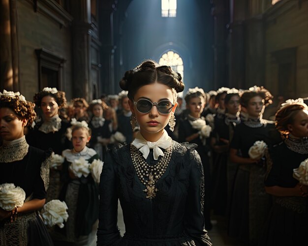 Photo une femme portant une robe noire avec une fleur blanche dans ses cheveux