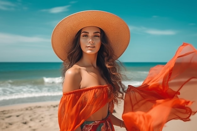 Femme portant une robe rouge et un chapeau sur la plage