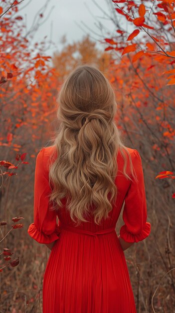 une femme portant une robe rouge dans une forêt à l'automne vue de l'arrière