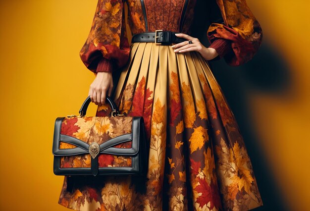 Une femme portant une robe et un sac à main dans un style qui ressemble à l'automne