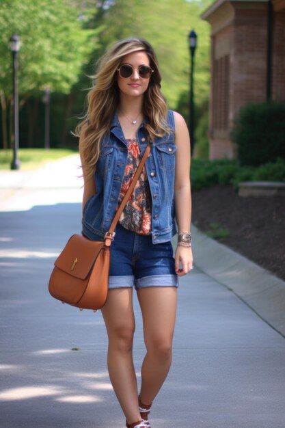 Une femme portant un romper avec un gilet en jean