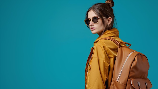 Une femme portant un sac à dos et des lunettes de soleil