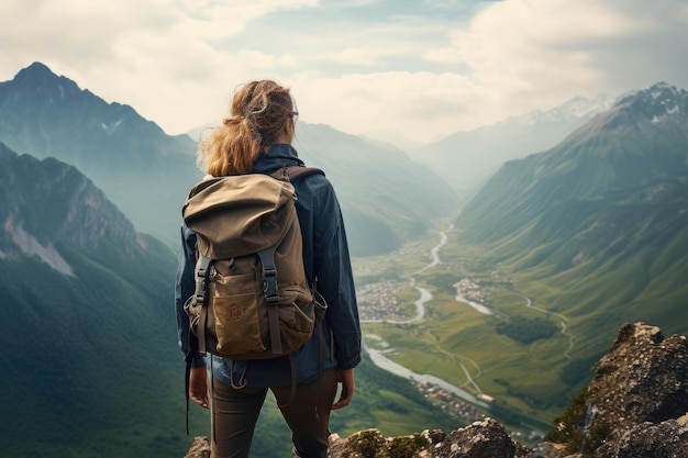 Une femme portant un sac à dos se tient triomphalement au sommet d'une montagne majestueuse. Une randonneuse avec un sac à dos profite de superbes paysages de vallée au sommet d'une montagne. AI générée