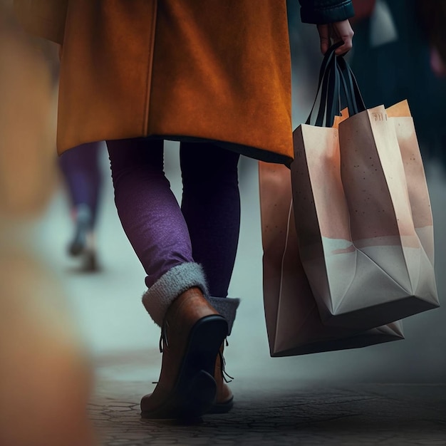 Une femme portant des sacs avec le mot "shop" dessus.