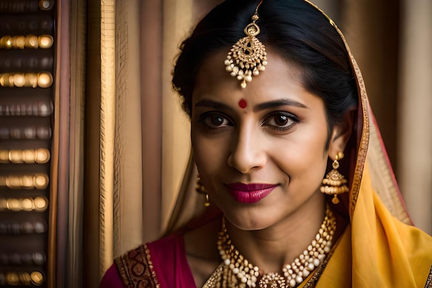 une femme portant un sari avec un collier d'or sur lui