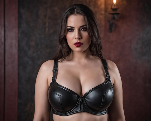 Une femme portant un soutien-gorge en cuir noir