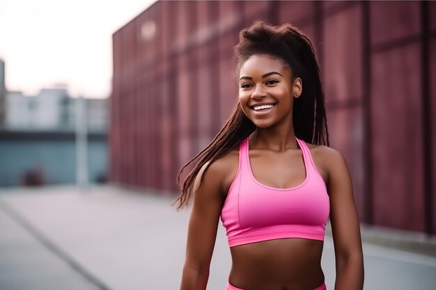 Une femme portant un soutien-gorge de sport rose et un soutien-gorge de sport rose sourit et sourit.