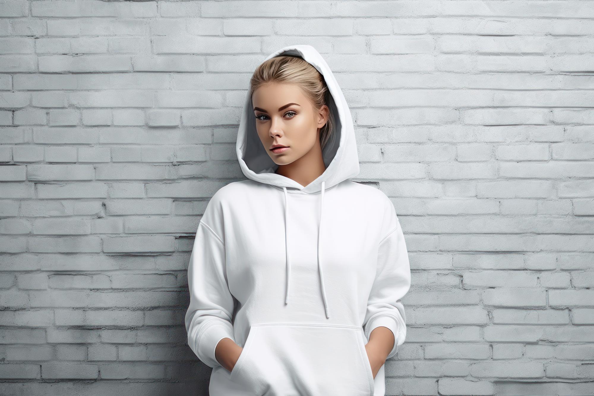 Photo une femme portant un sweat à capuche blanc se tient devant un mur de briques.