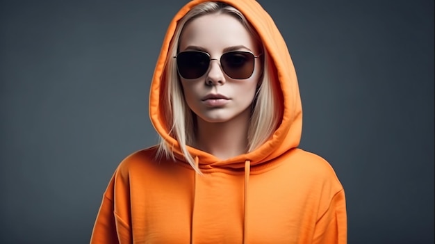 Une femme portant un sweat à capuche et des lunettes de soleil