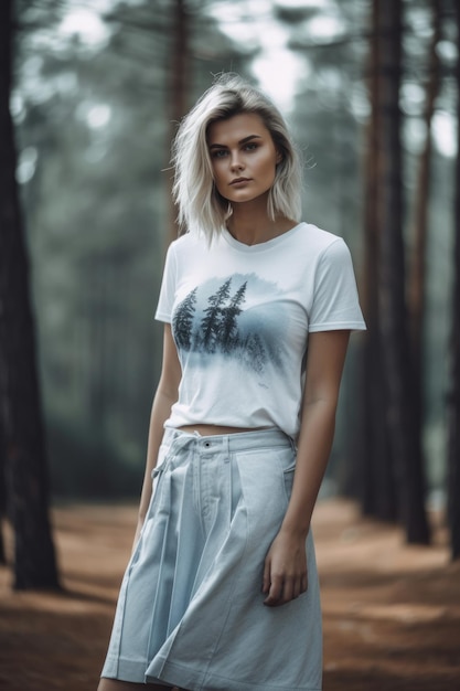 Une femme portant un t - shirt blanc avec une chemise blanche qui dit "le mot mer" dessus