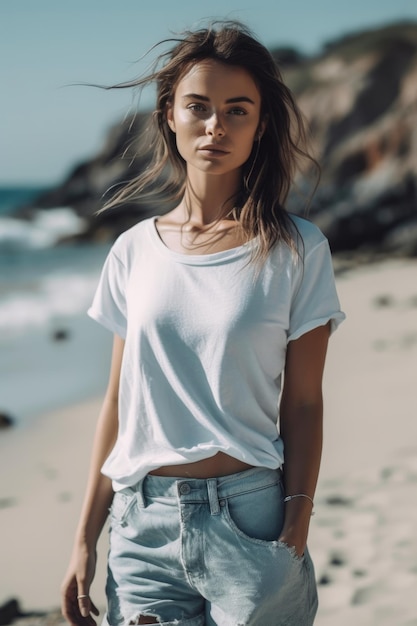 Une femme portant un t-shirt blanc et un jean se tient sur une plage.