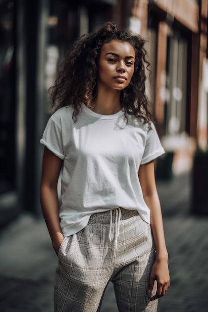 Une femme portant un t-shirt blanc et un pantalon blanc se tient dans une rue.