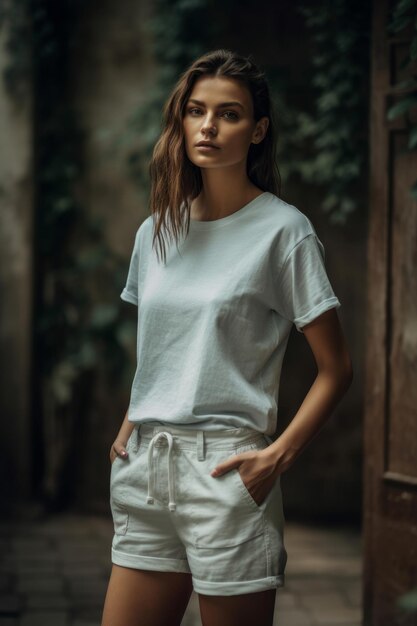 Une femme portant un t-shirt blanc et un pantalon blanc se tient devant un mur