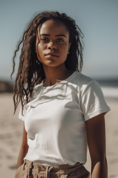 Une femme portant un t-shirt blanc se tient sur une plage